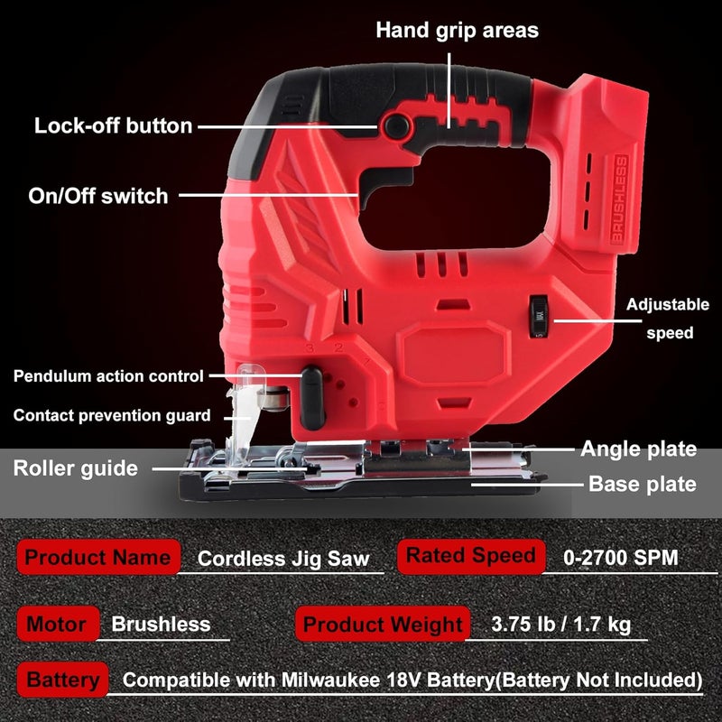 OXVIT Cordless Jig Saw Compatible with Milwaukee 18V Battery, Brushless Jig Saw with 6pcs Blades, 4 Orbital Sets for Wood, Plastic and Metal Cutting (Tool Only, No Battery) - Image 2